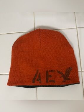 American Eagle Orange Gray Stripe Reversible Winter Beanie- one size